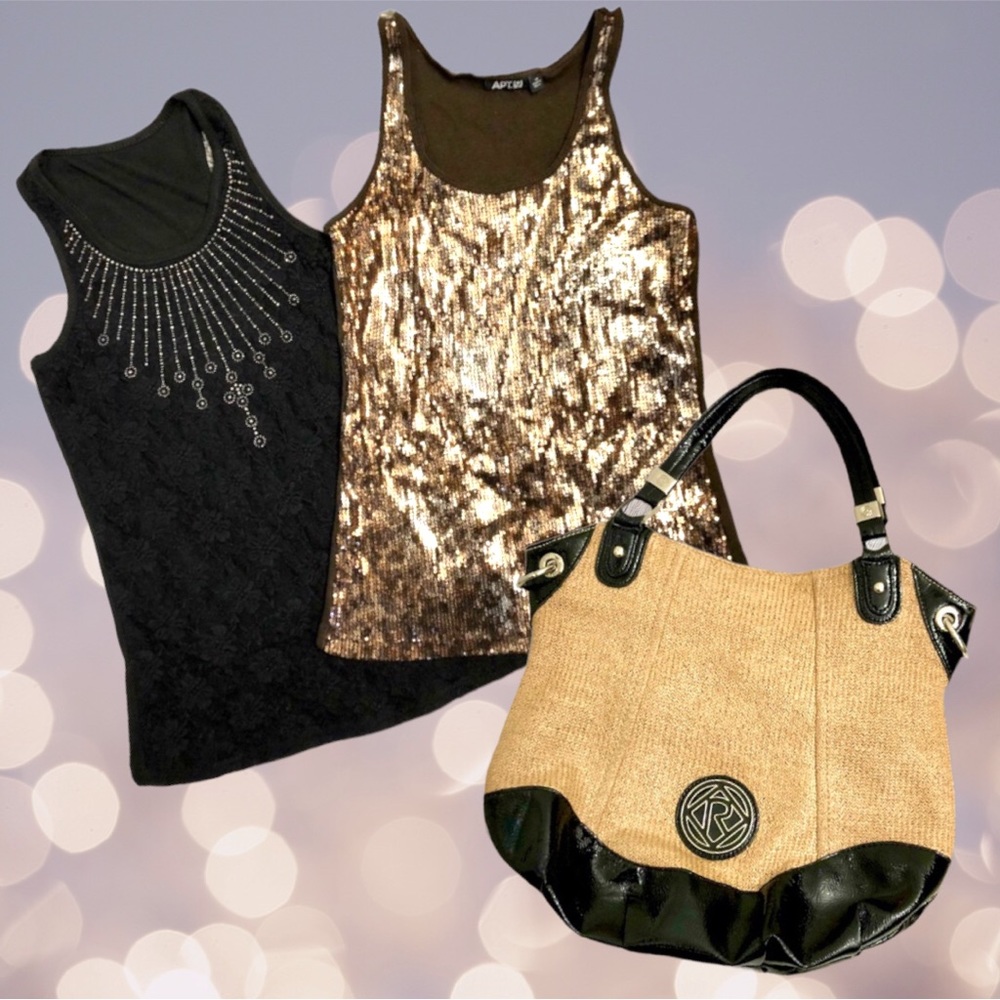 Bohemian Set Studded Sequined Tops & Relic Brand Tan & Black Arm Bag